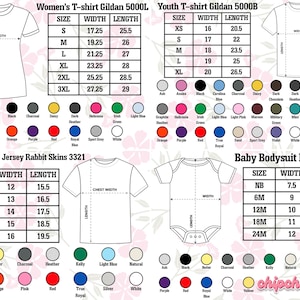May include: Size charts for t-shirts and baby bodysuits, with measurements in inches. The image displays size, width, and length for women's, youth, toddler, and baby sizes, plus a range of available colours.