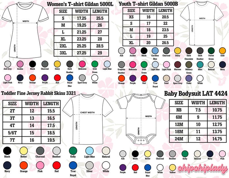 May include: Size charts for t-shirts and baby bodysuits, with measurements in inches. The image displays size, width, and length for women's, youth, toddler, and baby sizes, plus a range of available colours.