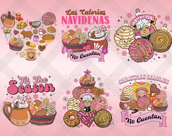 Peut inclure: Six illustrations festives sur fond rose, chacune présentant des gourmandises de Noël comme des pâtisseries, du chocolat chaud et des ornements. Le texte comprend "Las Calorias Navidenas" et "Christmas Calories No Cuentan".