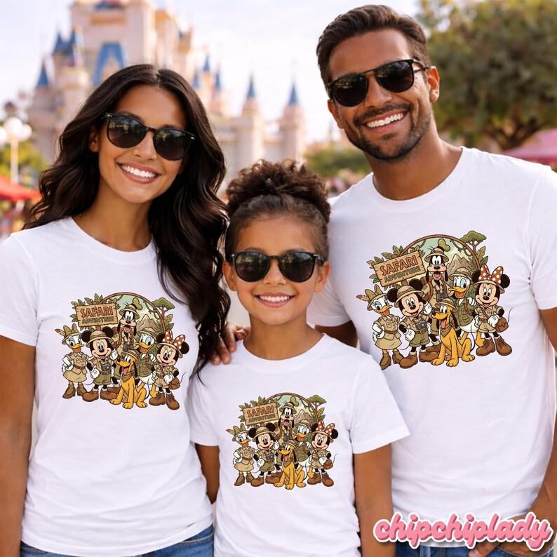 Puede incluir: Tres personas con camisetas blancas con un dise&ntilde;o de Disney Safari Adventure. El dise&ntilde;o presenta a Mickey Mouse, Minnie Mouse, Donald Duck, Daisy Duck, Goofy y Pluto con ropa de safari. El texto "Safari Adventure" est&aacute; en un letrero.