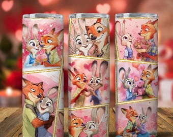 Vaso de 20 oz con personajes de película: Conejo y Zorro, PNG, Pareja de dibujos animados a juego, Vaso de San Valentín de 20 oz, Envoltura para vaso de pareja: Zorro y Conejo