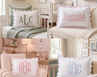 Personalized Baby Name Pillow Cover, Embroidered Scalloped Nursery Pillow, Custom Baby Name Cushion, Baby Shower Gift, Baby Room Decor