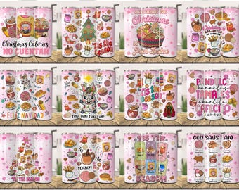 Christmas Mexican PNG Tumbler Bundle, Pan Dulce 20oz Skinny Tumbler, Spanish Christmas, Mexican Chocolate, Pink Christmas&#39;s Sublimation