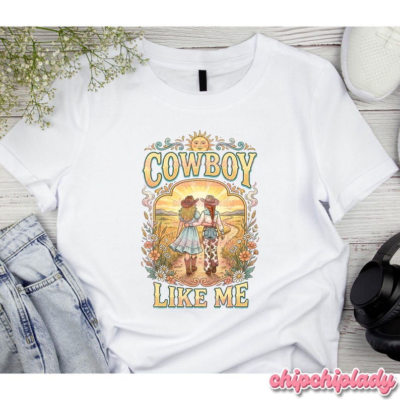 May include: A white t-shirt featuring a graphic print of two people walking away on a dirt path through a field. The design includes floral borders, a sun, and the text "COWBOY LIKE ME" in a stylized yellow font with a blue outline.