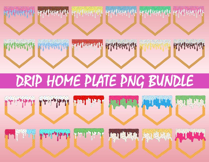 Pu&ograve; includere: Una collezione di colorati design di basi di baseball con effetto gelato che cola. Ogni piatto presenta un bordo a cono waffle e un diverso colore di "gelato" che cola con spruzzi. Il testo "DRIP HOME PLATE PNG BUNDLE" &egrave; visualizzato.