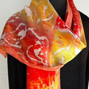 Lush Satin Silk Scarf, Large; Hand Dyed Screen Print Design, &quot;Magic Moments&quot; Wearable Art - Reds and Gold, Washable, 14&quot; X 70&quot;
