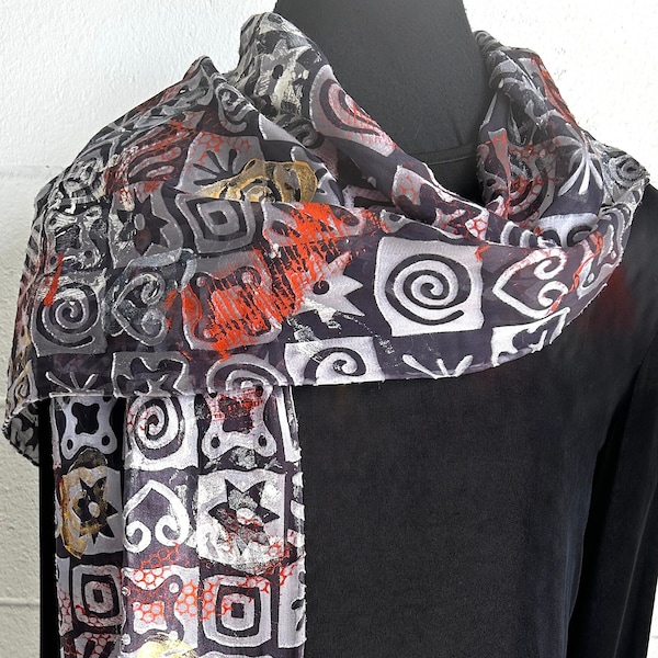 Silk & Satin Burnout Scarf/Wrap; Abstract Design; Hand Dyed in Black and White w/Added Printed Designs; Art-to-Wear; Women; "Starry Night"