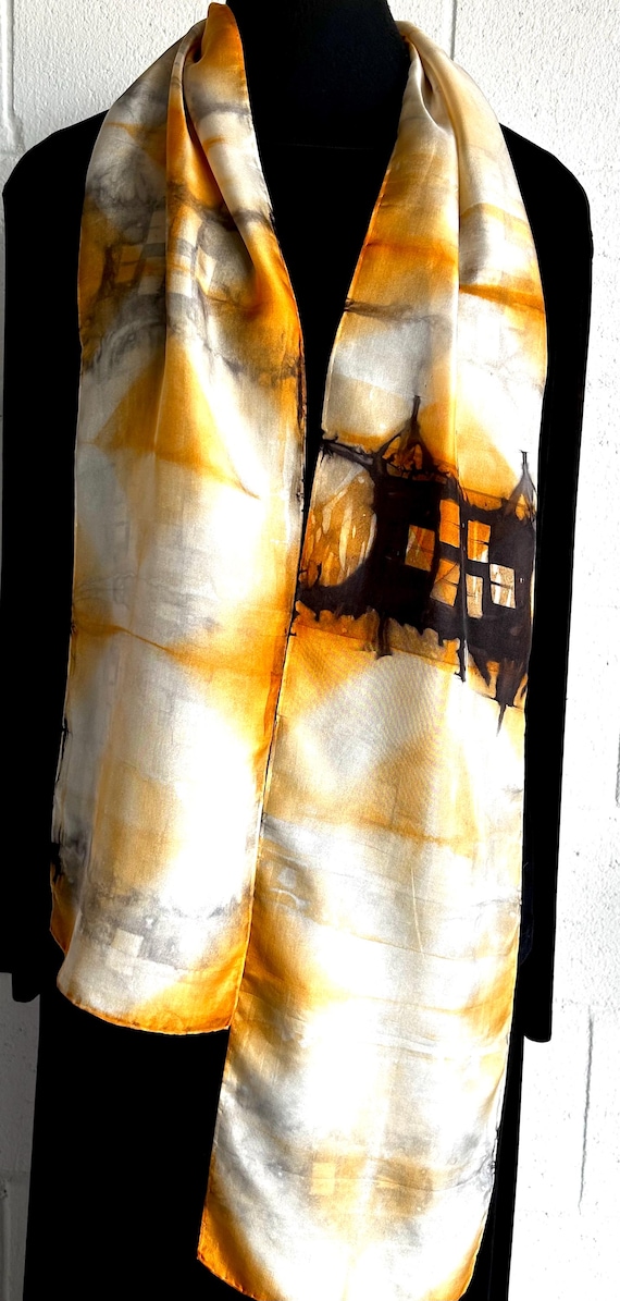 Hand Dyed Silk Scarf: Shibori Style, Orange Cream Gray  display picture 1