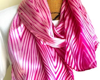 Hand-Dyed Satin Silk Scarf: Shibori Wearable Art - Fuchsia & White