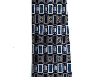 Geometric Silk Tie: Italian Design, Blues, Beige, Gold