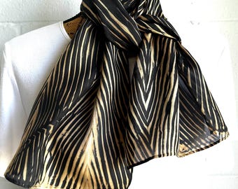 Hand Dyed Silk Shibori Scarf: Black and Beige Arashi Style