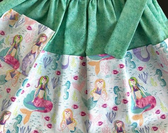 Little Girl's Apron w/Pocket, Cotton Mermaid Fabric, Neck and Waist Ties