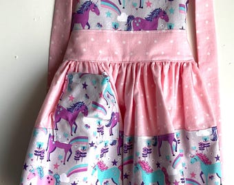 Handmade Little Girl's Apron: Pocket, Unicorns, Cotton Fabric, Neck and Waist Ties