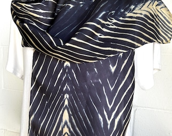 Hand Dyed Silk Shibori Scarf: Black and White Arashi Style