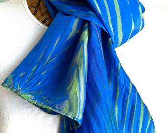 Hand Dyed Silk Shibori Scarf: Blue and Chartreuse Arashi Style
