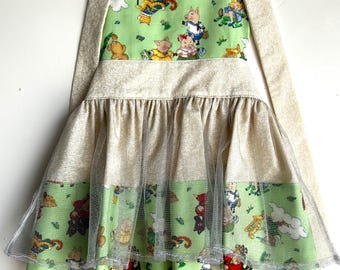 Girl's Apron with Netted Overskirt, Storybook Characters, Cotton Fabrics, Neck and Waist Ties