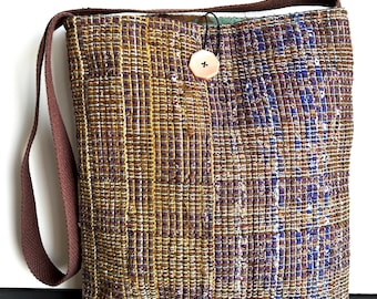 Handwoven Handbag: Pearl Cottons Loopy Cottons, Tropical Batik Lining, Vintage Button