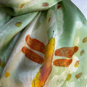 Satin Silk Scarf; Hand Dyed Screen Print Design with Stamping & Etching; Wearable Art; Greens, Gold, Red and Orange; Washable; 11 1/2&quot; X 60&quot;