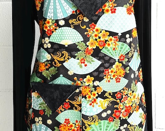 Women's Handmade Apron, Fans & Flowers, Cotton, Pocket, Waist Ties, Vintage Inspiration