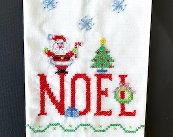 Vintage Hand Embroidered Christmas Towel, Cross Stitch Noel Decor