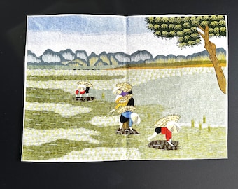 Hand Made Silk Needle Painting: Vintage Vietnam Embroidered Scene Planting Rice Paddies