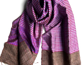 Vintage Handwoven Silk Scarf Vietnamese: Twisted Fringe, Pink, Blue, Khaki