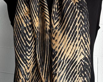 Hand Dyed Silk Shibori Scarf, Black & Beige, Arashi Stye, 11x60 Inches