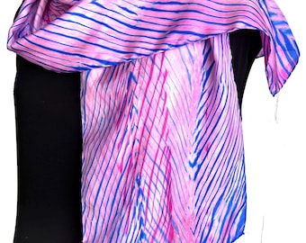 Hand Dyed Silk Shibori Scarf, Pink Blue Fuchsia, Arashi Dye, 11x60 Inches