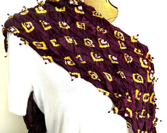 Vintage Hand-Dyed Silk Scarf: Plum, Gold & White, Translucent