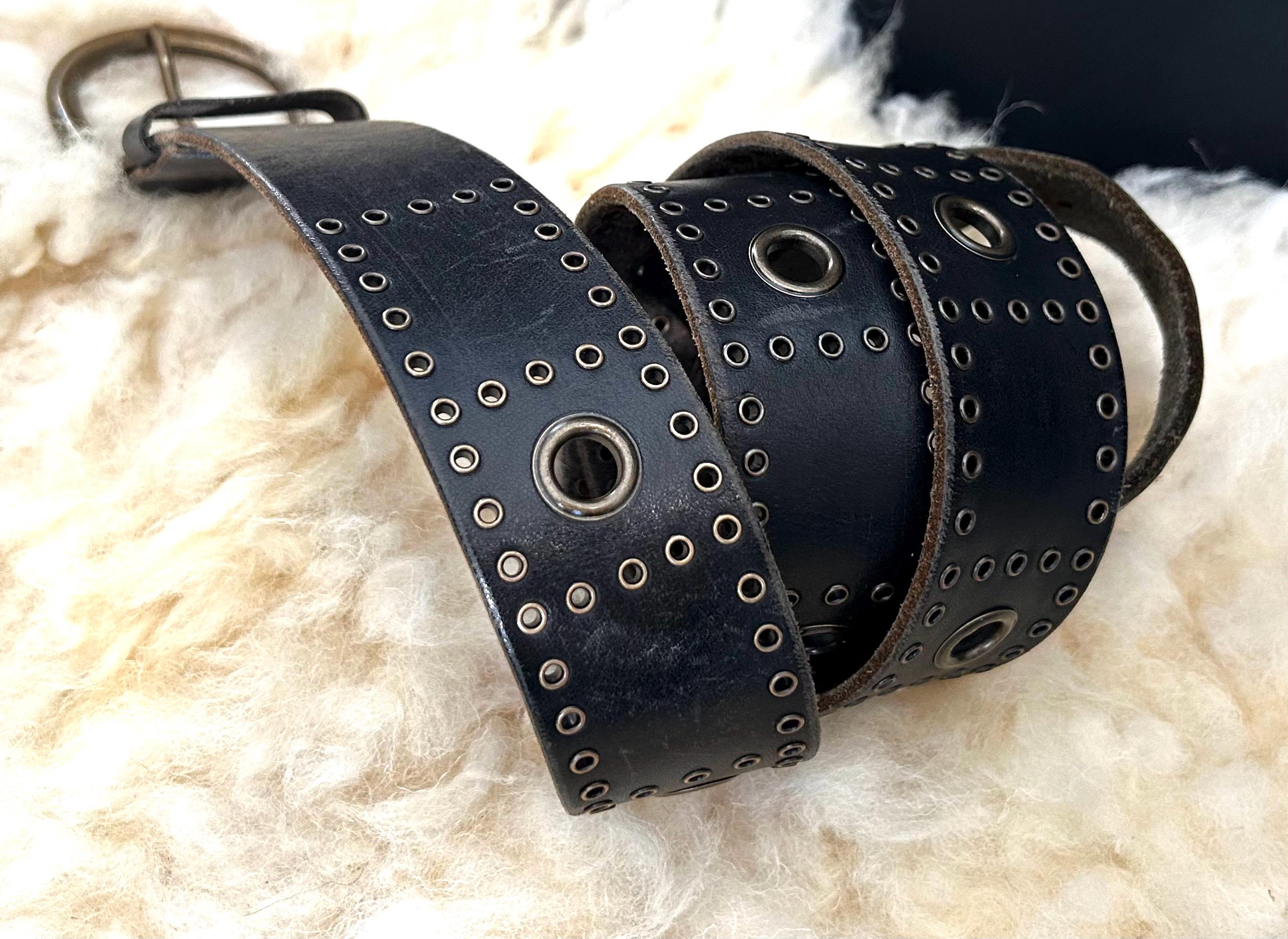 El Portal Men's Leather Belt; Vintage; Brass Hardware; Single and Multiple Grommet Design in Alternating Geometric Pattern.