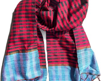 Vintage Handwoven Silk Scarf Vietnamese: Twisted Fringe, Red, black, Blue