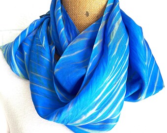 Hand Dyed Silk Shibori Scarf, Blue & Light Green; Elegant, One-of-a-Kind, Great Gift for Women, Washable