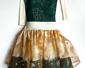 Christmas Children's Apron (2) w/Netting, Cotton Metallic Fabrics, Neck and Waist Ties
