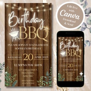 Könnte beinhalten: Digitale Einladung für eine Geburtstags-BBQ-Party, mit einem Holz Hintergrund und den Worten "Birthday BBQ". Die Einladung enthält Datum, Uhrzeit und Ort. Ein Telefon zeigt das gleiche Design. Die Einladung ist mit Canva bearbeitbar.
