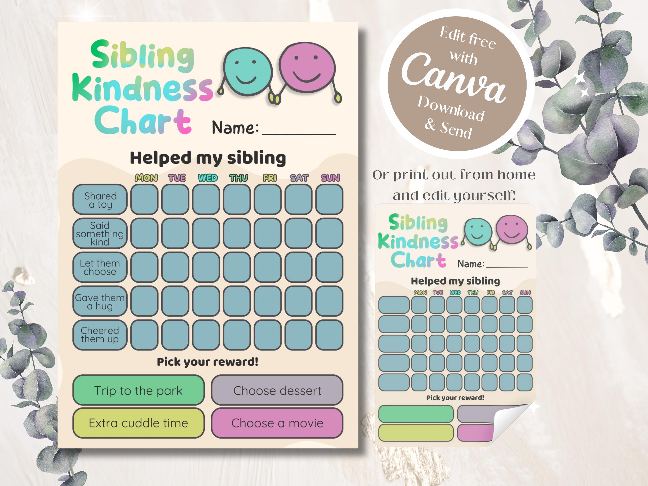 Sibling Ranking Chart Sibling Kindness Reward Chart | Printable & Editable Canva Template ...