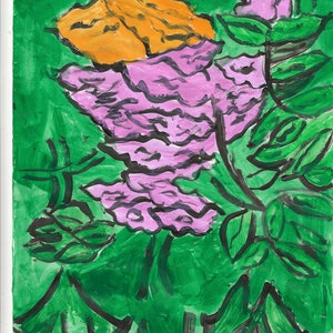 Abstrakter tropischer botanischer Blumendruck. Anzeige in rosa und orange Blume mit grünem Laub