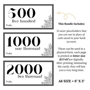 15 Money Saving Bank Placeholders | Budget Binder | Savings Goal | Savings | Printable | Instant Download | Cash Stuffing | A6 Bundle | Grey