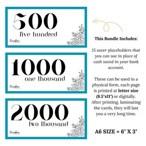 15 Money Saving Bank Placeholders | Budget Binder | Savings Goal | Savings | Printable | Instant Download | Cash Stuffing | A6 Bundle | Blue