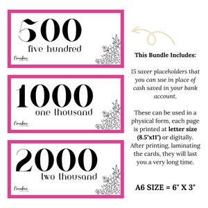 15 Money Saving Bank Placeholders | Budget Binder | Savings Goal | Savings | Printable | Instant Download | Cash Stuffing | A6 Bundle | Pink