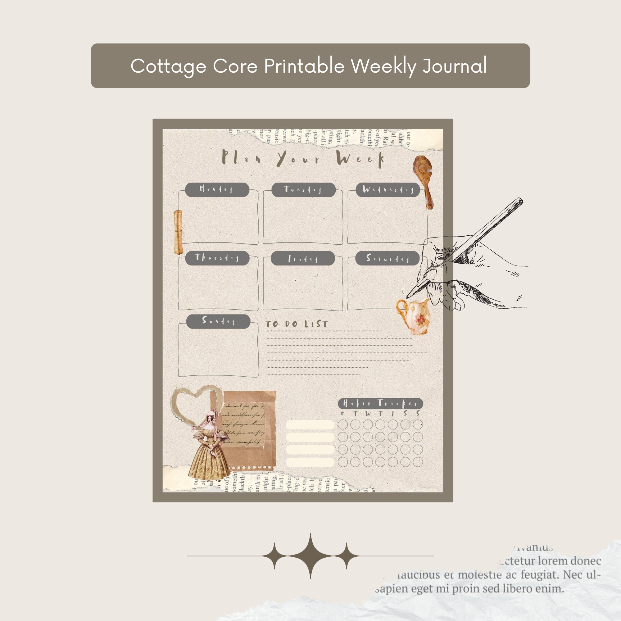 Vintage Theme Printable Weekly Journal, Habit Tracker, Digital Download, Vintage, Journal Size ...