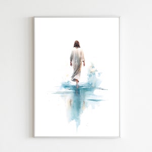 Jesus Walks on Water DIGITAL DOWNLOAD, Watercolor Wall Art, Modern Jesus Bible Printable Wall Art, Digital Print Art, Bible Christian Gift