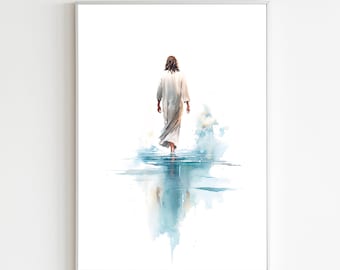 Jesus Walks on Water DIGITAL DOWNLOAD, Watercolor Wall Art, Modern Jesus Bible Printable Wall Art, Digital Print Art, Bible Christian Gift