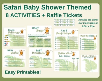 May include: A collection of printable safari-themed baby shower games and activities. Includes an emoji pictionary, baby bingo, A to Z baby things, and guess the baby food. The pages are designed to be printed on 8.5 x 11 inch paper.