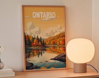 Póster de viaje vintage de Ontario, Canadá / Arte mural de paisaje otoñal con lago / Lámina retro para decoración de bosque otoñal / Paisaje natural canadiense