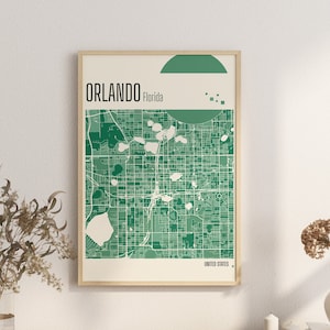Kaart afdrukken Orlando Florida stadsplattegrond terracotta prints groene en blauwe jade muurkunst Orlando kaart Verenigde Staten stadsplattegronden digitale download