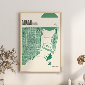 Kaart afdrukken Miami Florida stadsplattegrond terracotta prints groene en blauwe jade muurkunst Miami kaart Verenigde Staten stadsplattegronden digitale download