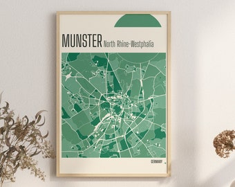 Imprimir mapa MUNSTER Renania del Norte-Westfalia Mapa de la ciudad Impresiones de terracota Arte de pared verde y azul Mapa de MUNSTER ALEMANIA Mapas de la ciudad Descarga digital
