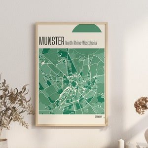 Imprimir Mapa MUNSTER Renania del Norte-Westfalia Mapa de la ciudad Impresiones en terracota Arte mural verde y azul Mapa de MUNSTER ALEMANIA Mapas de la ciudad Descarga digital