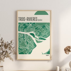 Imprimer la carte Trois-Rivières Cartes du Canada Carte du Canada Impressions en terre cuite Art mural en jade vert et bleu Cartes de la ville de Trois-Rivières au Canada Québec