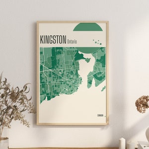 Imprimir mapa Kingston Ontario Mapas de la ciudad Mapa de la ciudad de Canadá Impresiones de terracota Arte de pared de jade verde y azul Kingston Canadá Mapas de la ciudad en Ontario
